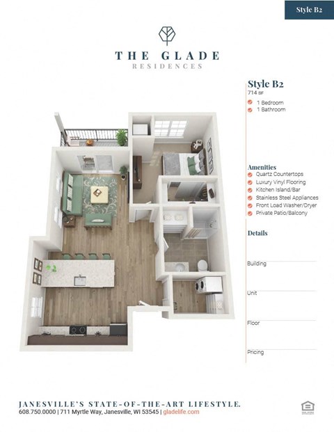 Floor plan for 1 bed, 1 bath, 714 sqft